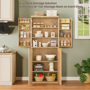 English Elm 72" Fluted Pantry Cabinet Tall Freestanding Kitchen Organizer with Sculpted Wood Doors Oak W1820P379274