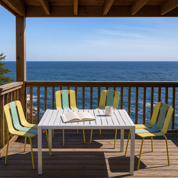 English Elm 4-Pack Modern Striped Color Block Chairs with 55" Long Table — Waterproof PP Seats, Rustproof Metal Frame Grain Yellow,Haze Green,Tropical Orange,White W3450S00043
