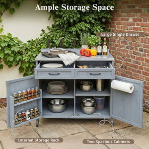 English Elm K&k Outdoor Prep Station Stainless Steel Top Fir Wood Cabinet with Drawer and Wheels Grey+Blue N707P370273G