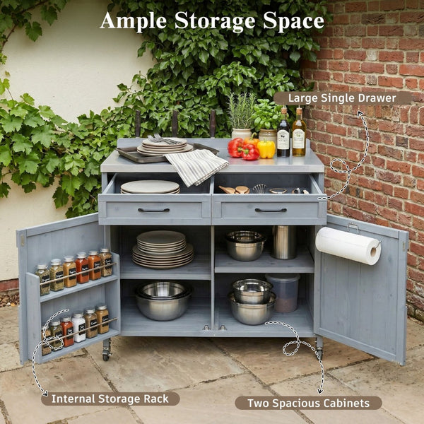 English Elm K&k Outdoor Prep Station Stainless Steel Top Fir Wood Cabinet with Drawer and Wheels Grey+Blue N707P370273G