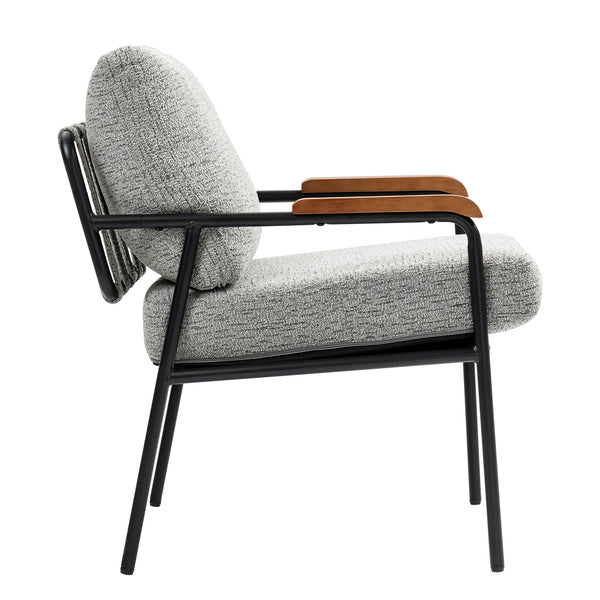 English Elm Modern Accent Chair with Natural Wood Arms, Black Metal Frame, Plush High-Rebound Cushion Comfort Grey W2215P248473