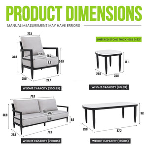 English Elm 6pc Outdoor Conversation Set Aluminum Frame Sintered Stone Tables Sunbrella Cushions W1886S00043