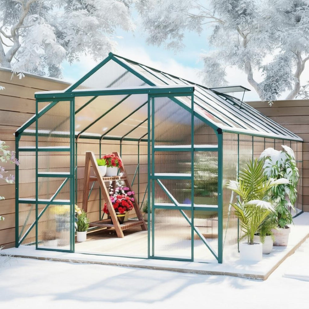 English Elm Outdoor Walk-in Aluminum Polycarbonate Greenhouse Kit with Roof Vent and Rain Gutter T3971S00236