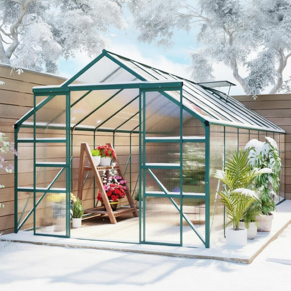 English Elm Outdoor Walk-in Aluminum Polycarbonate Greenhouse Kit with Roof Vent and Rain Gutter T3971S00236