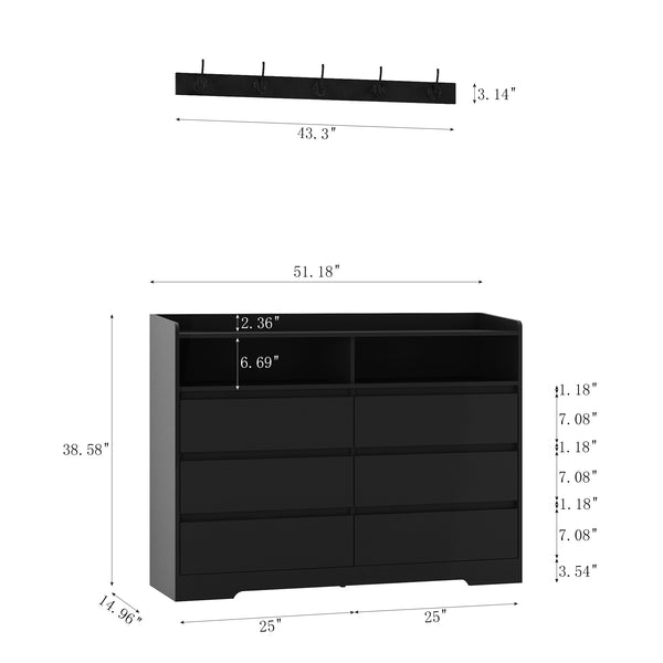 English Elm Living Room Sideboard Storage Cabinet Black with 6 Drawers, RGB Light Strip, Sturdy MDF Design W1321P288794