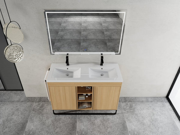 English Elm 48" Freestanding Bathroom Vanity With Resin Double Sink, Soft-Close Doors & Open Storage For Modern Style W999S00479