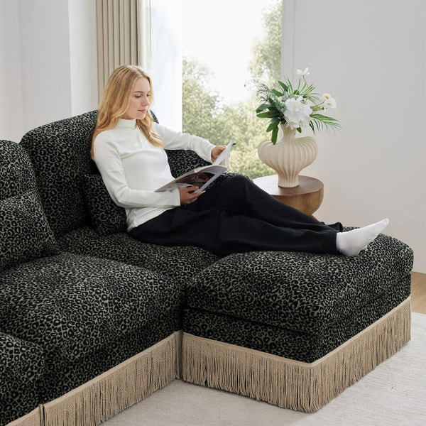 English Elm 100"comfy Chenille Leopard Print Sectional Sofa with Tassel Trim and Movable Ottoman Green W5656S00032