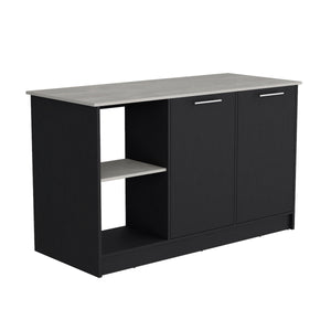 English Elm Juniper Kitchen Island with Spacious 59" Worktop, Double-Door Storage and Open Shelving for Cooktops Black+Ivory 64 L x 29 W x 4 H B200S00397