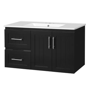 English Elm 36'' Wall Mounted Bathroom Vanity with Ceramic Sink, Solid Wood & MDF Floating Cabinet with Drawers Black N710P293299B