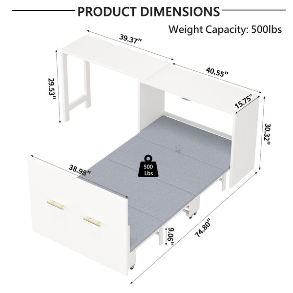English Elm Twin Size Murphy Chest Bed With Foldable Cushion & Adjustable Desk - Space-Saving White Dresser Unit N733P272603W-GIGA