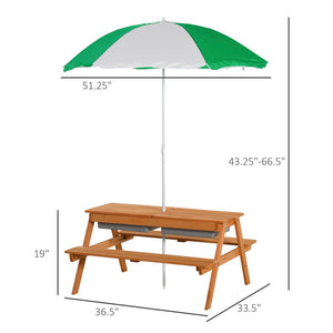 English Elm Outsunny Solid Fir Wood Kids Picnic Table with Shade Umbrella and Sand Basin W2225P217336