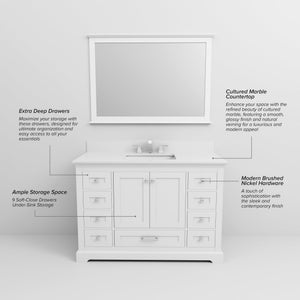 English Elm White Single Bath Vanity 48" W x 22" D with Cultured Marble Top, Chrome Faucet, Scratch-Resist Mirror B2731S01291