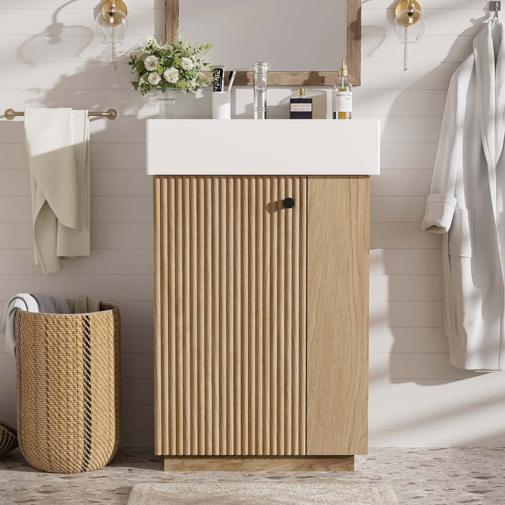 English Elm [video]21.6" Freestanding Bathroom Vanity Ceramic Sink Wavy Door Mdf Cabinet Small Bath Wood N729P285504N