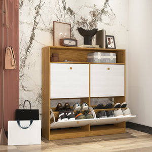 English Elm Shoe Storage Cabinet with 4 Flip Drawers, Slim Freestanding Shoe Rack Organizer with Wood Handle, Anti-Tip Safety and Top Shelf for Entryway Natural W409P195086