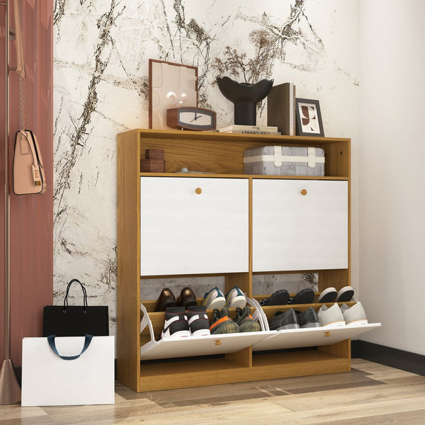 English Elm Shoe Storage Cabinet with 4 Flip Drawers, Slim Freestanding Shoe Rack Organizer with Wood Handle, Anti-Tip Safety and Top Shelf for Entryway Natural W409P195086