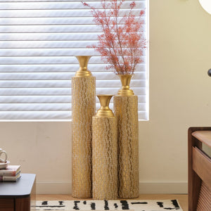 English Elm Metal Decorative Vases Set Of 3 - Antique Gold Finish With Etched Vine Patterns For Elegant Décor W2796P192834