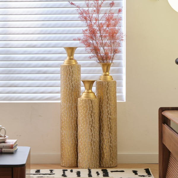 English Elm Metal Decorative Vases Set Of 3 - Antique Gold Finish With Etched Vine Patterns For Elegant Décor W2796P192834