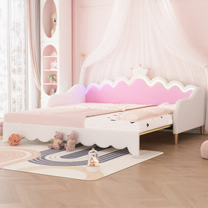 English Elm Twin Extending Daybed with LED Crown Headboard, Upholstered Princess Design for Cozy Kids Room White 76.5 L x 17.4 W x 4.3 H HL000104AAK