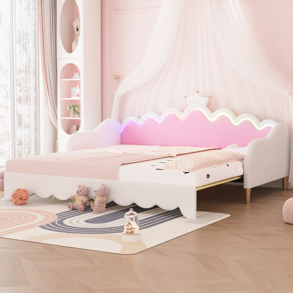 English Elm Twin Extending Daybed with LED Crown Headboard, Upholstered Princess Design for Cozy Kids Room White 76.5 L x 17.4 W x 4.3 H HL000104AAK