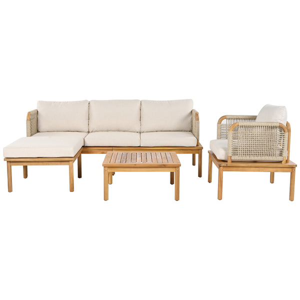 English Elm Christopher Knight Home® - Outdoor Acacia Wood & Rope Patio Sofa Set with Water-Repellent Cushions, Teak Beige Comfort N757S442994B