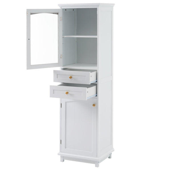 English Elm 63" Tall Bathroom Vanity Cabinet with Glass Doors, Two Drawers and Adjustable Shelves for Stylish Storage White N729P171305K