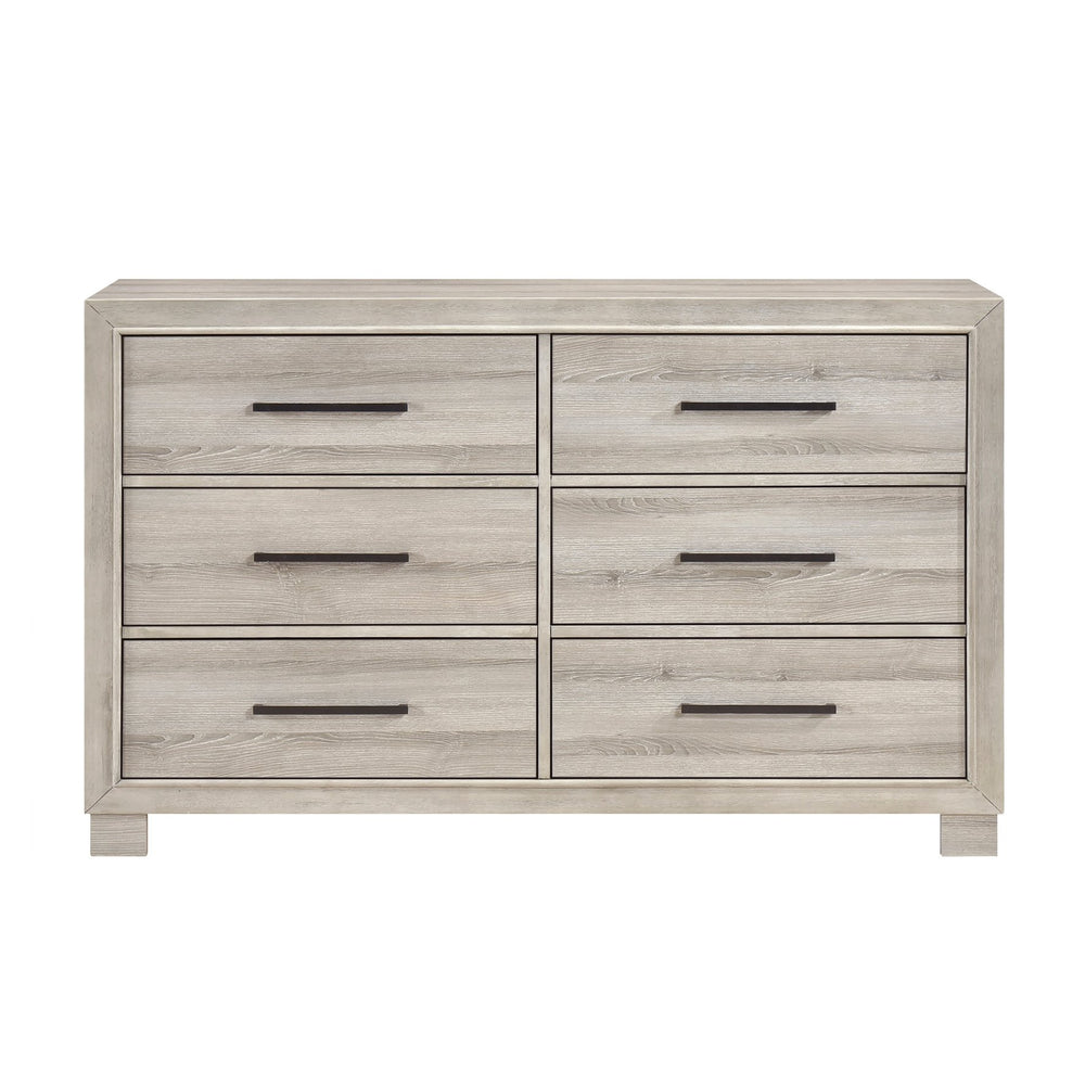 English Elm Modern Six-Drawer Dresser with Antique Brass Pulls, Fully Assembled Contemporary Wood Blend Storage, Smooth-Glide Drawers for Durable Everyday Use Gray 62.5 L x 20 W x 42 H B011P389526