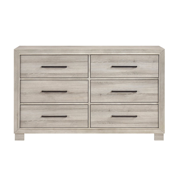 English Elm Modern Six-Drawer Dresser with Antique Brass Pulls, Fully Assembled Contemporary Wood Blend Storage, Smooth-Glide Drawers for Durable Everyday Use Gray 62.5 L x 20 W x 42 H B011P389526