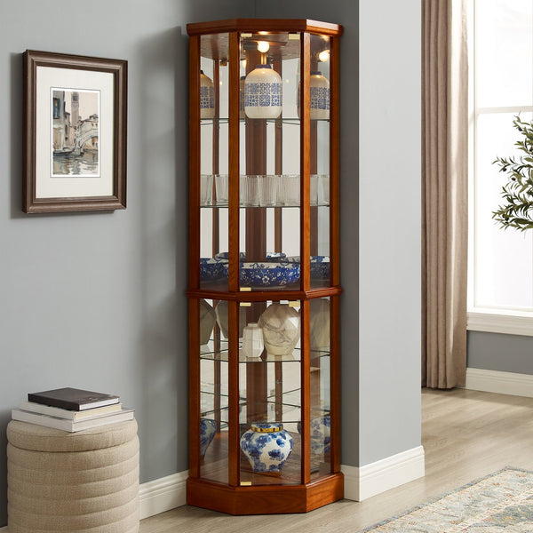 English Elm 6 Shelf Lighted Corner Curio Cabinet with Adjustable Tempered Glass Shelves, Acrylic Mirror Back, Solid Wood Frame Oak W1693P170925