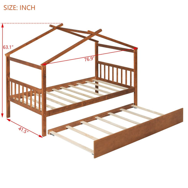English Elm Twin House Bed with Pull Out Trundle Solid Pine Wood Frame Walnut Kids Room N708P309238L