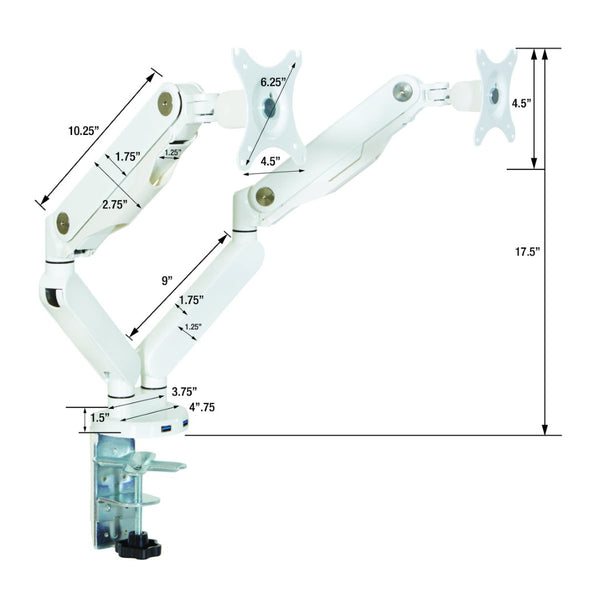 OSP Home Furnishings Double Monitor Arm Dual Setup with Gas Spring Articulation and Integrated Cable Management White A2MAD1730-WH