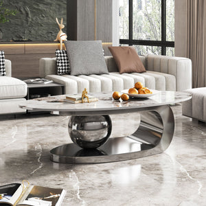 English Elm 49.2 Oval Faux Marble Coffee Table with Titanium-Coated Stainless Steel Base and Sintered Stone Top Gray,White+Multi W3136S00007