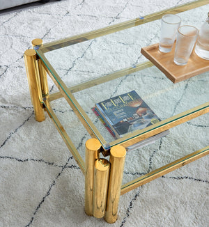 English Elm 47" Modern Stainless Steel Coffee Table With Clear Glass Top & Two-Tier Storage For Home Or Office W2978S00005