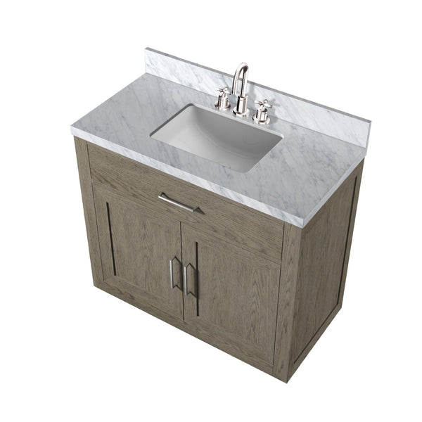 English Elm Grey Oak Single Bath Vanity With Carrara Marble Top & Chrome Faucet Set – Stylish Storage Solution! B2731P257687
