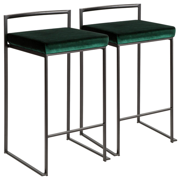 English Elm Fuji Modern Stackable Counter Stool Set of 2 in Black Frame with Plush Green Velvet Cushion, Sleek B202P221924