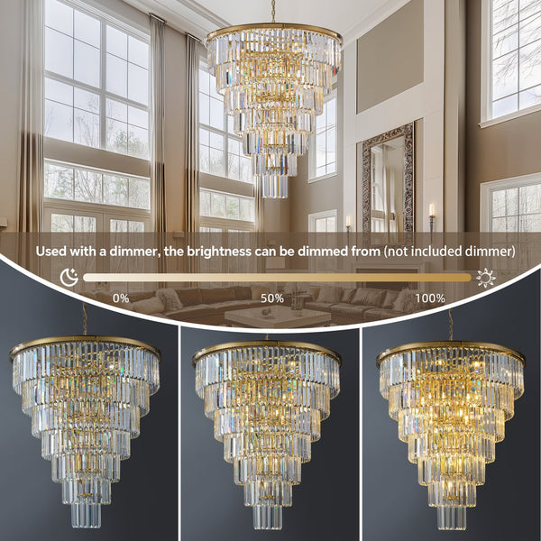 English Elm 40-Inch Gold Tiered Crystal Chandelier, 30-Light E12 with 370 Crystal Rods, Mirror-Polished Frame, LED Kit Included W2869S00023
