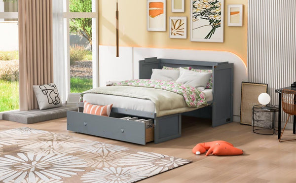 English Elm Full Size Wall Murphy Bed Cabinet with Storage Drawer and Built-in Usb Charging Gray N708P205903E