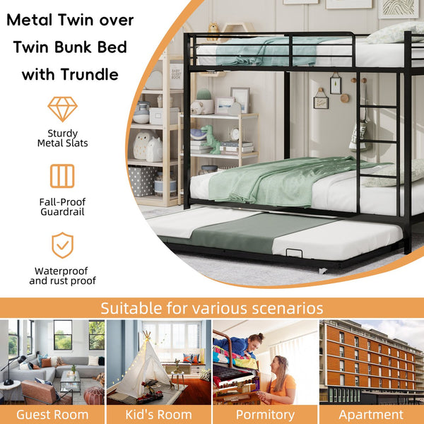 English Elm Durable Iron Bunk Bed With Trundle, Safety Rails & Modern Design – Perfect For Kids, Guests & Space-Saving! W1935P360854