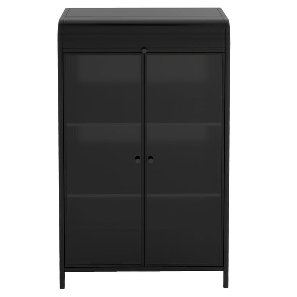 English Elm 47.6" Metal Storage Cabinet Antique Black with Tempered Glass Doors Flip-Top 4-Tier Display Buffet W3122P272697