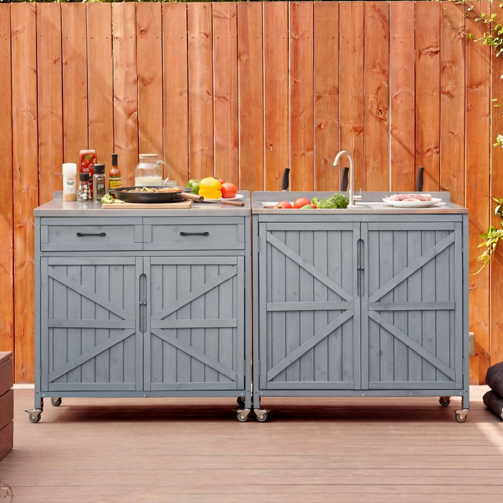 English Elm K&k Outdoor Prep Station Stainless Steel Top Fir Wood Cabinet with Drawer and Wheels N707P370281G