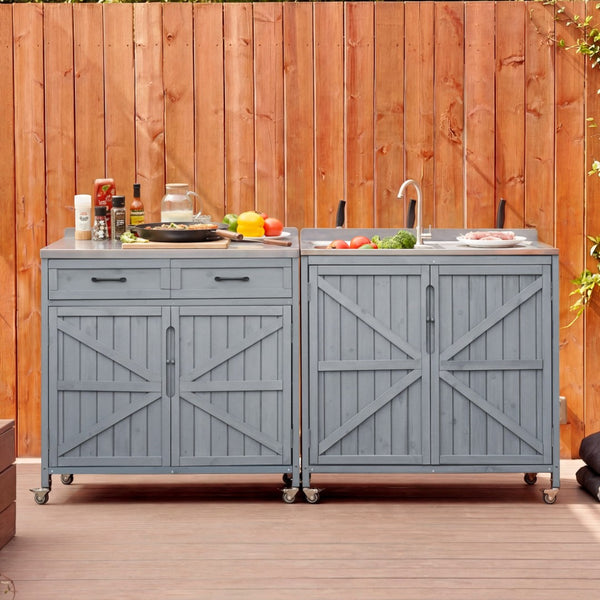 English Elm K&k Outdoor Modular Kitchen Island 2 Piece Fir Wood Stainless Steel Sink Station N707S000024G