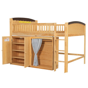 English Elm Twin Loft Bed with Wardrobe Cabinet Led Lighting and Pine Frame for Kids Rooms Wood N7090002236M