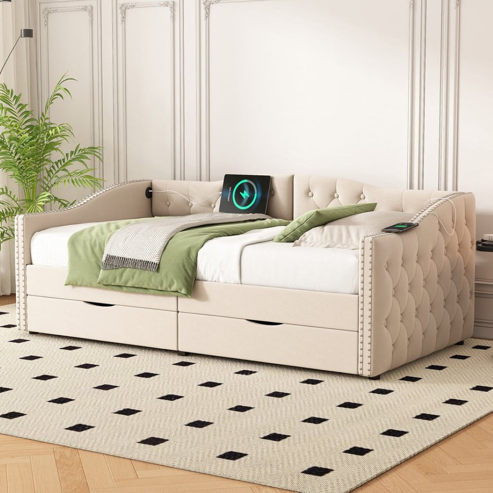 English Elm Upholstered Twin Daybed with Linen Tufted Back Nailhead Arms and Storage Drawers W1670P391274