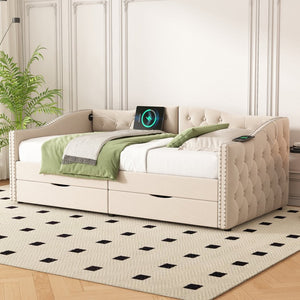 English Elm Upholstered Twin Daybed with Linen Tufted Back Nailhead Arms and Storage Drawers W1670P391274