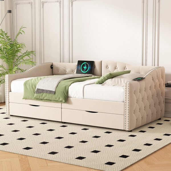 English Elm Upholstered Twin Daybed with Linen Tufted Back Nailhead Arms and Storage Drawers W1670P391274