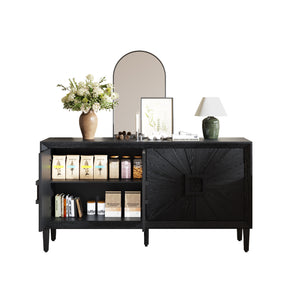 English Elm 60" Distressed Black Farmhouse Credenza with Sunburst Doors, 200lb TV Top, Adjustable Shelves & Anti-Tip Safety W1445P303027