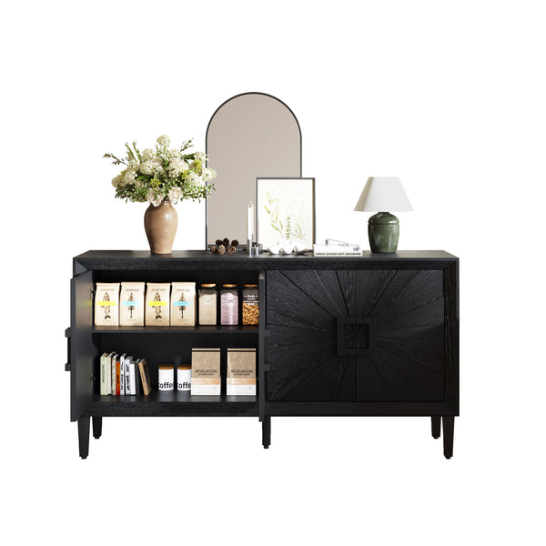 English Elm 60" Distressed Black Farmhouse Credenza with Sunburst Doors, 200lb TV Top, Adjustable Shelves & Anti-Tip Safety W1445P303027