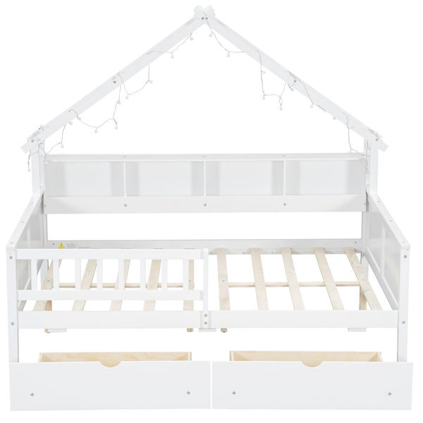 English Elm Wood Full Size Gaming Loft Bed with Integrated Desk, Shelves, LED Lighting & Hanging Clothes Rack White N7090001044K