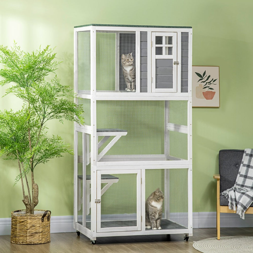 English Elm Pawhut Wooden Catio Outdoor Cat Enclosure with Wheels Weatherproof Asphalt Roof W2225P173768