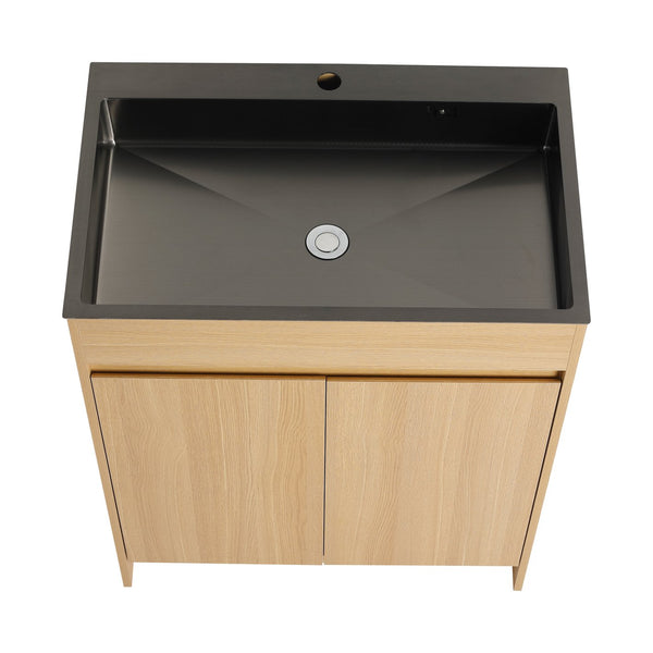 English Elm 28" Freestanding Bathroom Vanity with Gun-Gray Stainless Sink, Soft-Close Doors, Adjustable Shelves, Plywood Finish W999P376890