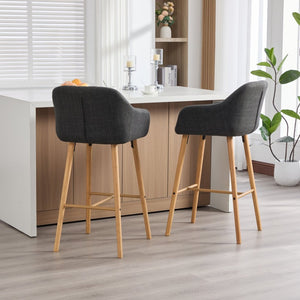 English Elm Modern Linen Upholstered Barstools with Oak Legs Armrests and Footrest for Kitchen Islands Black W395P396317